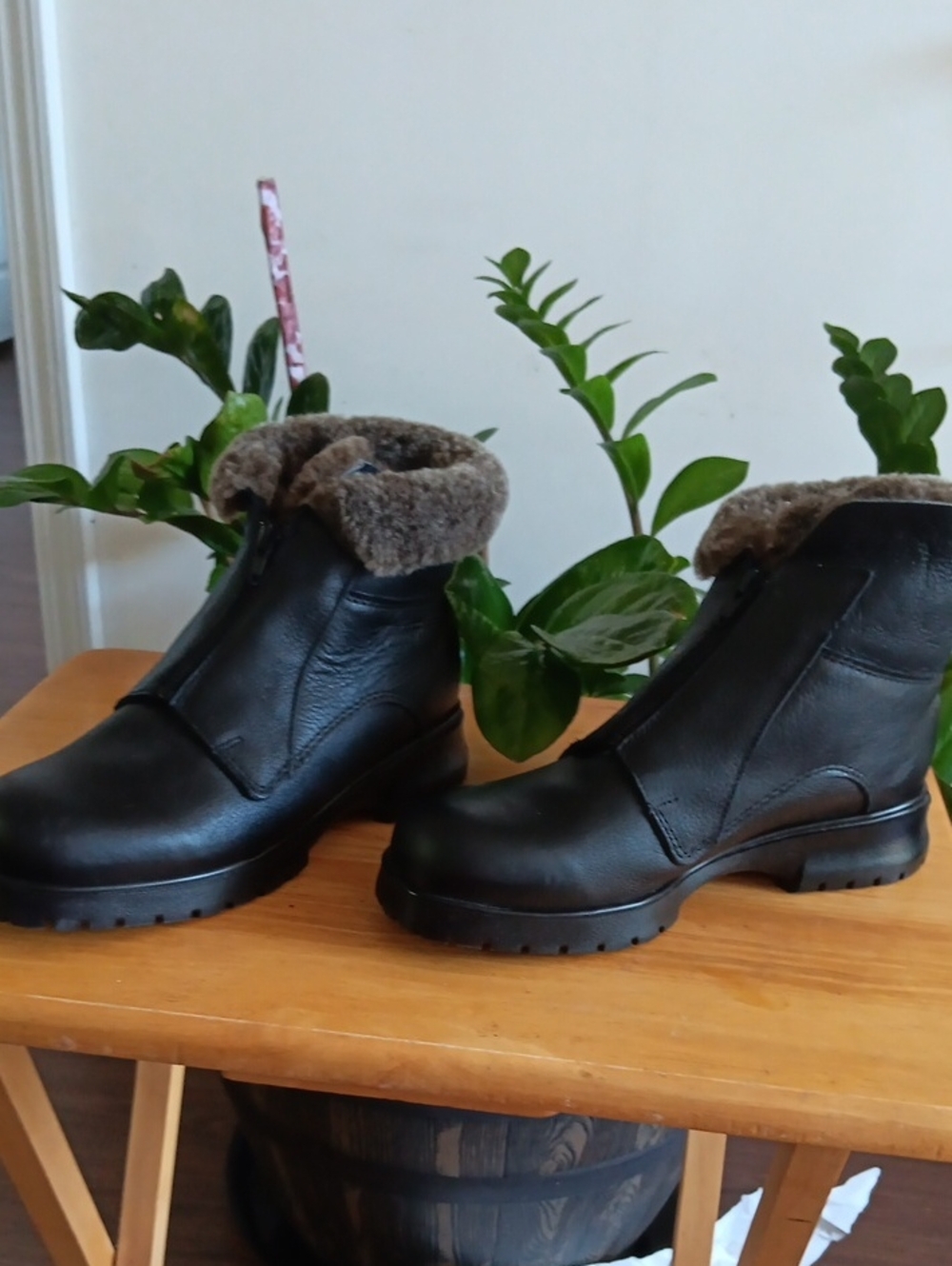 Martino Women's Black Ankle Booties with Brown Faux-Fur Collar